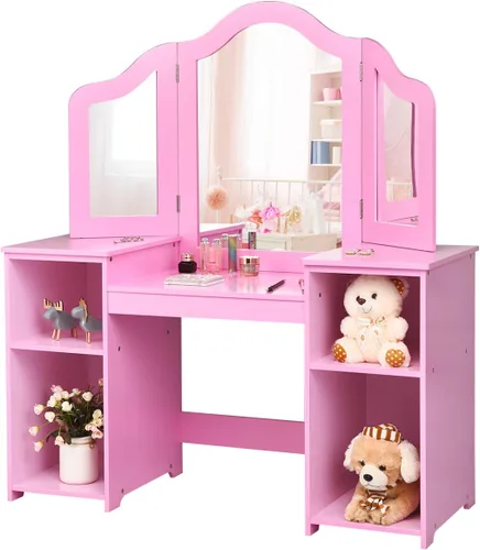 Miniatura 14 de Costzon Tocador para Niños, Juego de Escritorio y Silla de Maquillaje de Princesa 2 en 1 con Espejo Tri-Plegable, 4 Cubos de Almacenamiento, Mesa