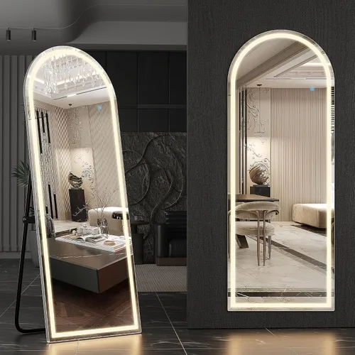 Miniatura 8 de Espejo arqueado de cuerpo entero con luces LED, espejo de piso de 60"x16" con soporte, espejos corporales de piso con atenuación e iluminación de 3