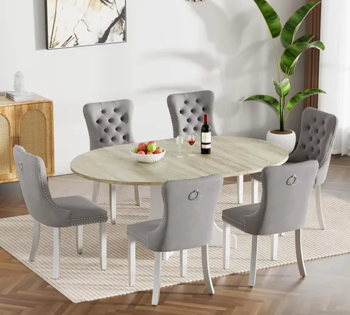 Miniatura 119 de Juego de mesa de comedor de mármol sintético blanco para 6 personas, juego de mesa de comedor extensible de 7 piezas de 63 a 78.74 pulgadas con 6