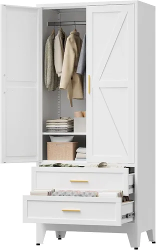 Miniatura 11 de LCAOPC Armario de metal de 71 pulgadas de alto con cajón y barra para colgar, armario de 2 puertas con estante para dormitorio, oficina, lavandería