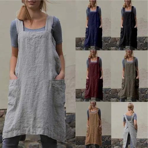 Miniatura 25 de YESDOOD Delantal de lino de algodón con espalda cruzada para mujer, con bolsillos, vestido para hornear y cocinar Azul Oscuro