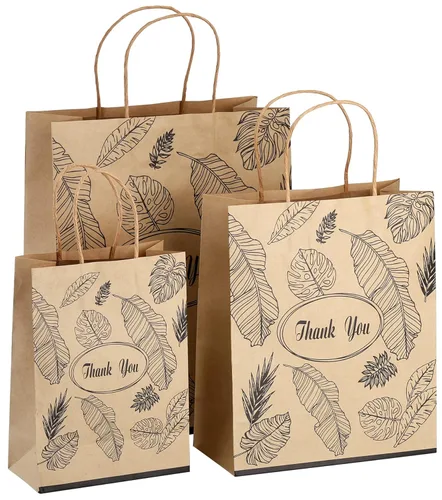 Yesland Bolsas de papel kraft - Bolsas de agradecimiento con asas - Marrón con hojas negras - 3 tamaños - Paquete de 80