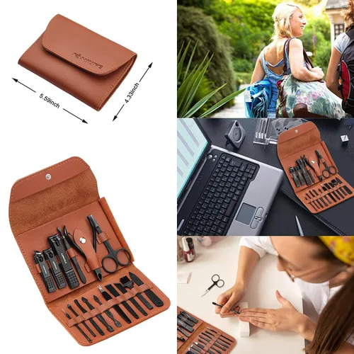 Miniatura 8 de FAMILIFE Juego de manicura, kit de uñas 11 en 1, kit de pedicura de acero inoxidable para hombre, kit de manicura de cuero y regalos para hombres