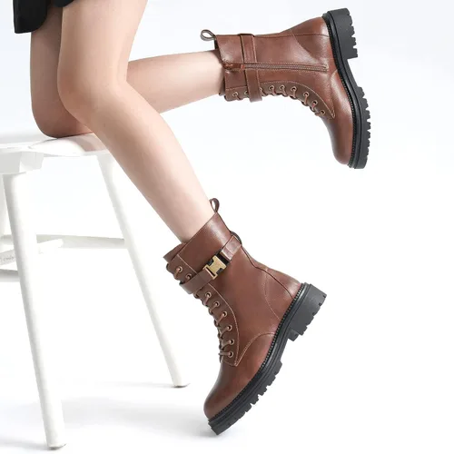Miniatura 2 de CentroPoint Botas de combate con cordones para mujer, tacón bajo, media pantorrilla, botas militares, punta redonda, cremallera lateral, hebilla al
