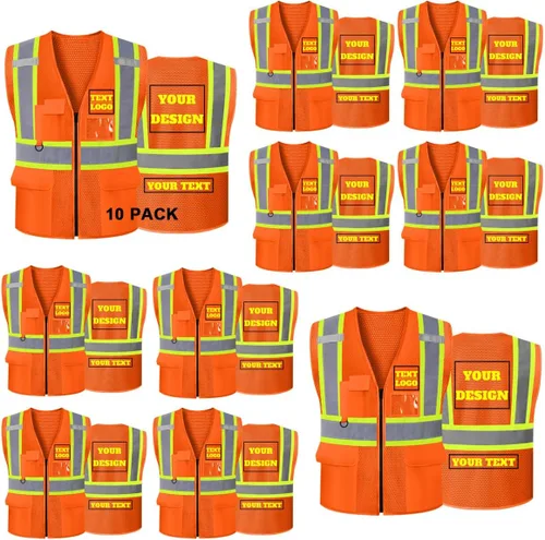 Miniatura 21 de Chaleco de seguridad reflectante de malla con logotipo personalizado Clase 2 con 5 bolsillos y cremallera Amarillo-5pack