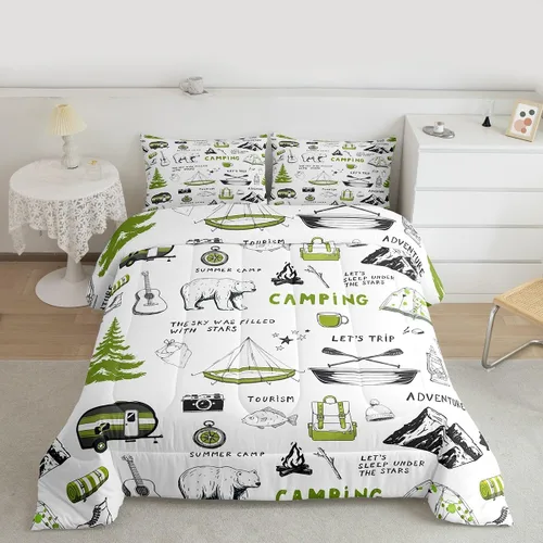 Miniatura 16 de Homewish Juego de ropa de cama con diseño de camping para niños, adolescentes y hombres, tamaño Queen, con temática de aventura en la jungla