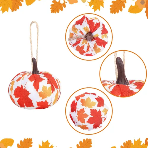 Miniatura 3 de Wehhbtye 12 adornos colgantes de calabaza de Acción de Gracias, hoja de arce envuelta en tela de calabaza, bola de calabaza de búfalo naranja