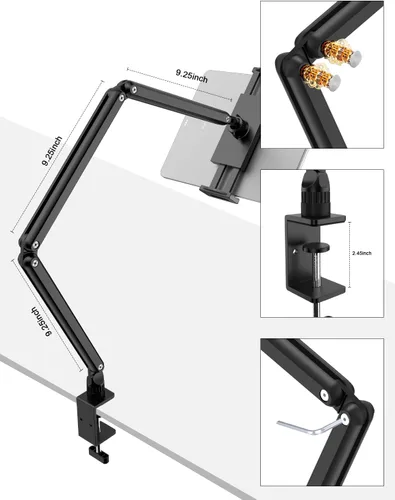 Miniatura 3 de Yumecamp - Soporte para tablet de triple brazo, soporte de aluminio resistente para iPad con abrazadera de escritorio, soporte giratorio de 360°
