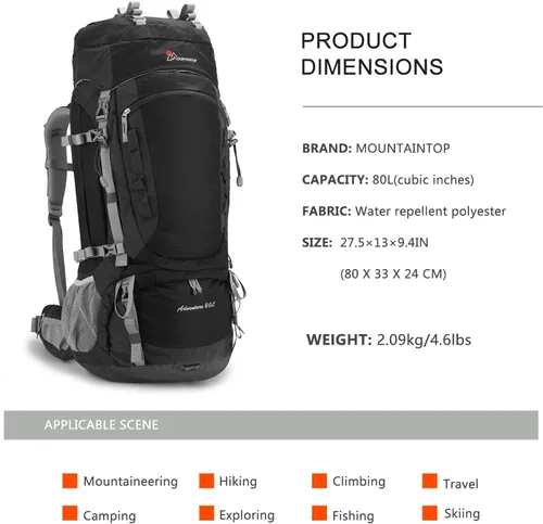 Miniatura 2 de MOUNTAINTOP Mochila de marco interno de 80L para hombre y mujer Mochila de senderismo con cubierta de lluvia Negro-80L