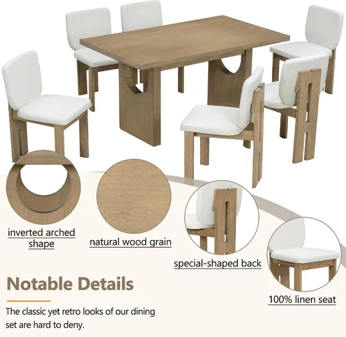 Miniatura 4 de Merax Juego de mesa de comedor de madera para 6, mesa rectangular/sillas tapizadas/diseño geométrico retro, ideal para comedor y cocina, natural