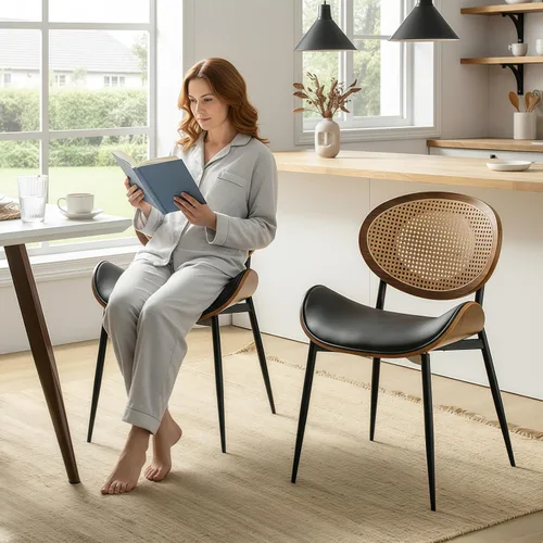 Miniatura 9 de HULALA HOME Juego de 4 sillas de comedor con respaldo de ratán, modernas sillas laterales de cuero con patas de metal, cómodas para sala de beige