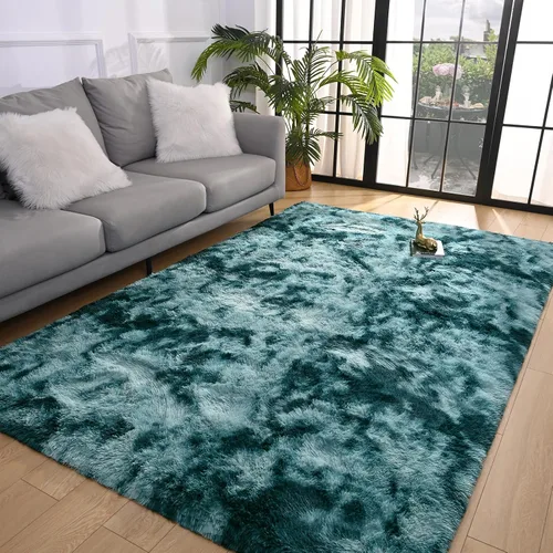 Miniatura 4 de Pettop Alfombra Mullida Tie-Dye Azul Pavo Real para Dormitorio Sala de Estar, 4x6 Pies Alfombras Shaggy de Felpa Súper Suaves y Peludas para Niñas