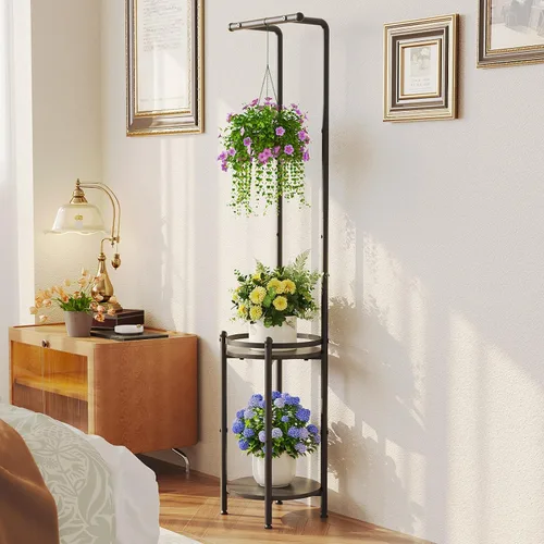 Miniatura 5 de Homsorout Soporte para plantas para interiores y exteriores, soporte de metal resistente de 2 niveles para plantas colgantes de hierro que ahorra