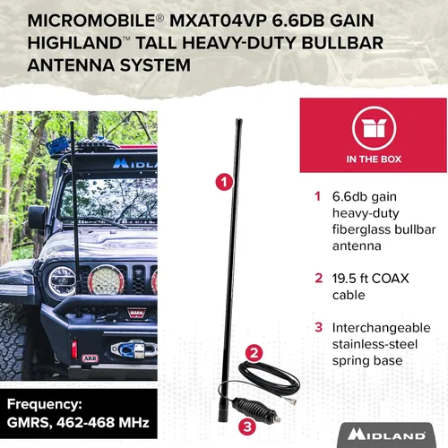 Miniatura 5 de Midland - MXAT04VP-6.6dB Antena de barra toro resistente con base de resorte micromóvil - 47.5" con frecuencia 462-468 MHz - Comunicación GMRS