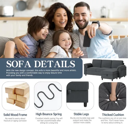 Miniatura 7 de Sofás seccionales para sala de estar, sofá en forma de L con bolsillo lateral de almacenamiento, cómodos sofás de 3 asientos para apartamento, gris