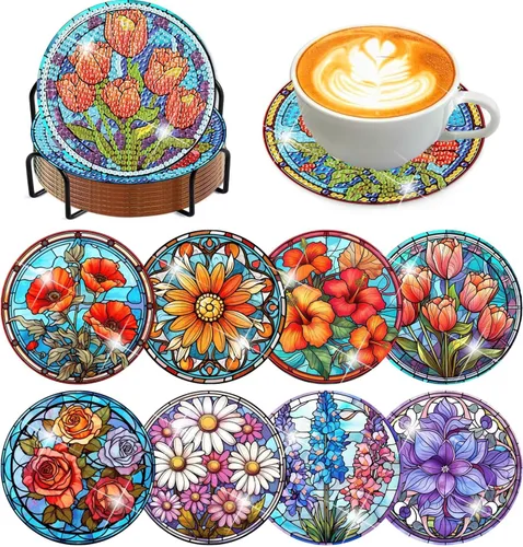 Miniatura 20 de Meothan Juego de 8 posavasos de arte de diamante para adultos con soporte, almohadillas de corcho, posavasos de arte de puntos de diamante de vidrio