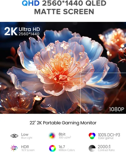 Miniatura 4 de UPERFECT Monitor portátil con pantalla táctil 2K QLED, monitor de juegos de 22" con VESA y soporte ajustable de 180°, 2560×1440 QHD FreeSync HDR