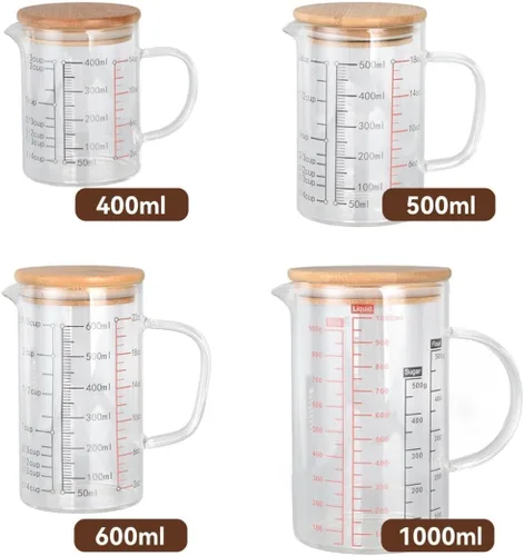 Miniatura 7 de Taza medidora de vidrio transparente, taza medidora de vidrio con tapa Taza medidora con escalas de medición y boquilla para cocina o restaurante