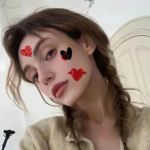 Miniatura 6 de 8 hojas de tatuajes temporales de corazones de San Valentín, calcomanías de tatuaje falsas rojas para niñas y mujeres, cara, cuerpo, día de San