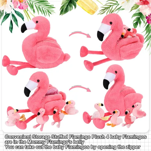 Miniatura 4 de Skylety Animal de peluche de flamenco de 18 pulgadas con 4 bebés, juguetes de peluche en el interior con cremallera para mamá, flamenco rosa