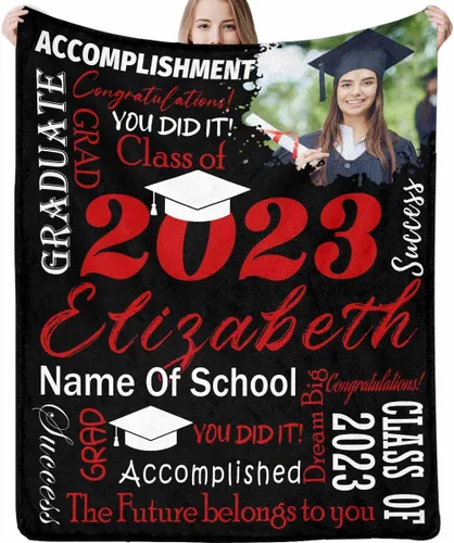 Miniatura 33 de Decoraciones de graduación 2023, manta de regalo para ella, él, felicitaciones 2023, azul oscuro, manta de graduado con nombre personalizado, No.11
