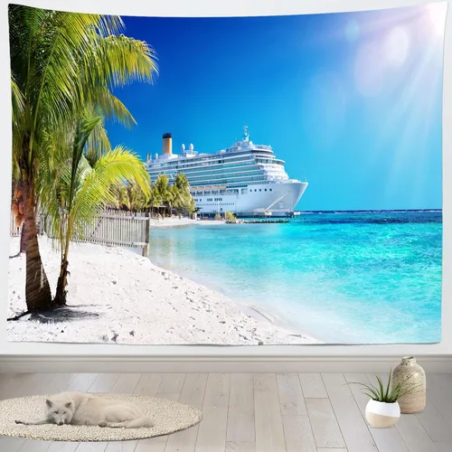 Loccor Tapiz de crucero con diseño de palmera del mar caribeño, coral, playa, tapiz para colgar en la pared, isla tropical, sol, verano, vacaciones,