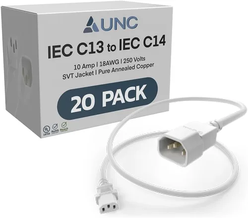 Miniatura 17 de UNC Cable de alimentación PDU C13 a C14, 1.5 pies, paquete de 20 unidades, negro, 10 amperios, SJT 250V, certificación UL, cable de extensión IEC