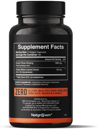 Miniatura 2 de Natgrown Panax - Suplemento de ginseng y ginkgo biloba, cápsulas de ginseng coreano rojo y ginko biloba para hombres y mujeres, apoya el enfoque