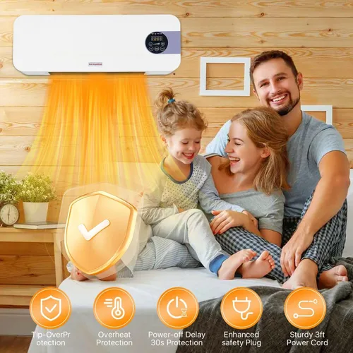 Miniatura 3 de Calentador Eléctrico de Cerámica PTC de 1500W Montado en Pared con Control Remoto, Pantalla LED, Termostato Ajustable, Protección Contra