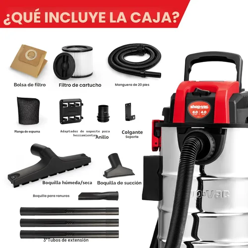 Miniatura 9 de Shop-Vac Aspiradora húmeda y seca de 6 galones, 4.0 de pico de HP, compacta para montaje en pared, con manguera extra larga de hasta 20 pies