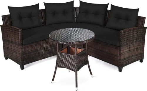 Miniatura 9 de Tangkula - Juego de muebles de patio de 4 piezas en forma de C de mimbre para exteriores, con cojines y mesa de centro con cubierta de cristal
