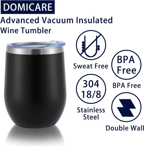 Miniatura 7 de DOMICARE - Juego de 16 vasos de vino de 12 onzas con tapa, hechos de acero inoxidable con aislamiento al vacío de doble pared, color negro