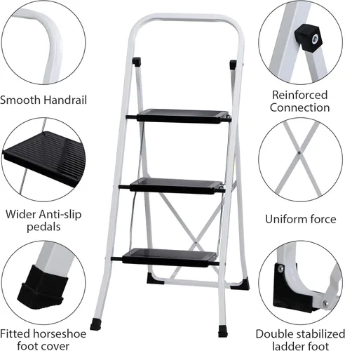 Miniatura 6 de ZENY Taburete plegable de escalera de 3 escalones con pedal antideslizante ancho, mango conveniente, taburete de acero portátil, escalera de acero