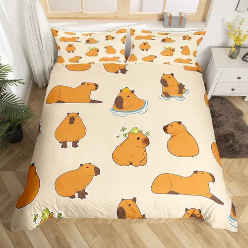 Lindo juego de ropa de cama de Capybara para niños, tamaño individual, funda de edredón marrón Capybaras para niños y niñas, decoración de