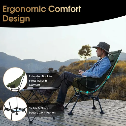 Miniatura 5 de MOON LENCE Sillas de camping plegables con respaldo alto, altura ajustable, asiento ampliado, para playa con pies antideslizantes (negro-Plus)