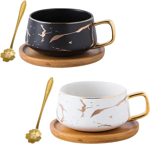 Miniatura 10 de Jusalpha Juego de taza de té y platillo de bambú de 300 ml con impresión de mano dorada de lujo, patrón de mármol de moda para mujeres TCS19 (blanco)