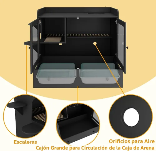 Miniatura 4 de Mueble extra grande con caja de arena oculta para gatos, gabinete para casa de gatos con escalera para 2, mesa auxiliar con cajón grande para sala