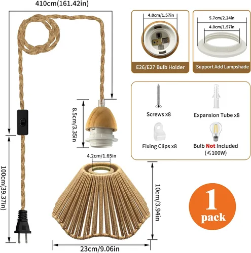 Miniatura 2 de Luces colgantes rústicas de granja con cable enchufable, cable de cuerda de cáñamo trenzada de 16.7 pies, pantalla tejida de cáñamo de 23x10 cm