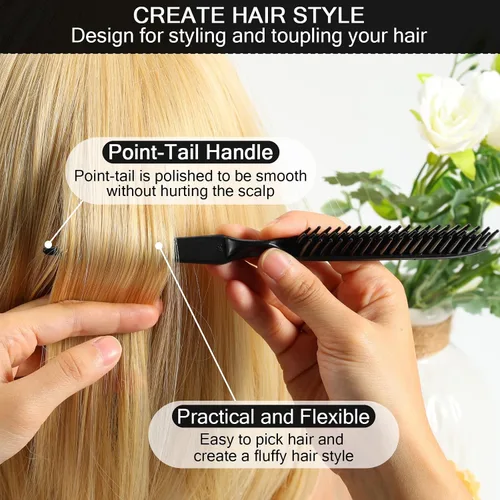 Miniatura 5 de SIMPOR Peine de pelo de 3 filas para desenredar natural, cepillo de peinado de pelo, cerdas de nailon, peine de cola de rata, para mujeres y Negro