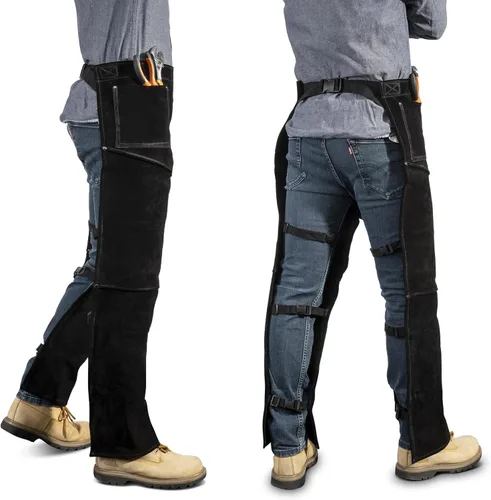 Miniatura 3 de Pantalones de soldadura de cuero, resistentes al calor y al fuego, protección de piernas de cuero dividido para hombres y mujeres, ajustables de M a