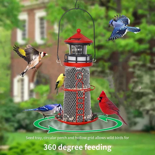 Miniatura 6 de Comedero Solar para Pájaros Faro con Baliza Giratoria - 14" Colgante Mejor Regalo de Comedero para Amantes de las Aves (Rojo Manzana).