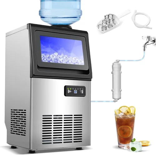 Amzgachfktch Máquina de hielo comercial, 110 libras/24 horas, máquina de hielo para debajo del mostrador con 2 entradas de agua, máquina de hielo