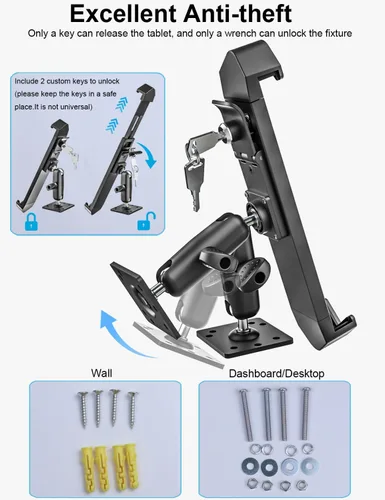 Miniatura 6 de Base de taladro antirrobo resistente para tableta, soporte para tablero de automóvil para camiones/vehículo con cerradura de seguridad y llave