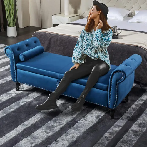 Miniatura 3 de Banco otomano de almacenamiento de terciopelo, banco de mediados de siglo con almohada de almacenamiento y lanzamiento, banco de almacenamiento
