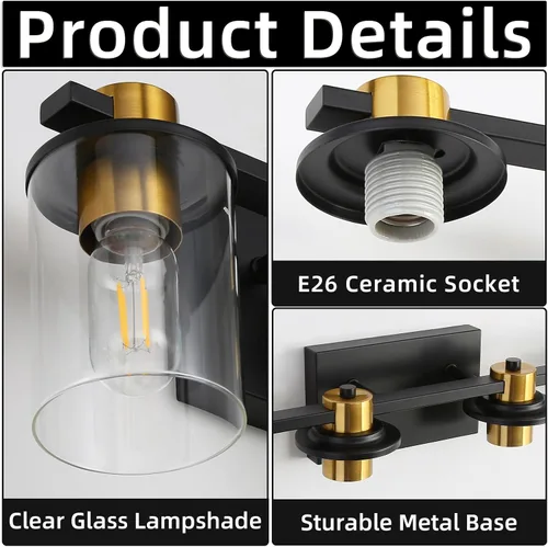 Miniatura 6 de LOUSACE Lámpara de baño negra y dorada, 3 luces de tocador de baño, moderna luz de baño sobre espejo con pantallas de vidrio transparente, enchufe