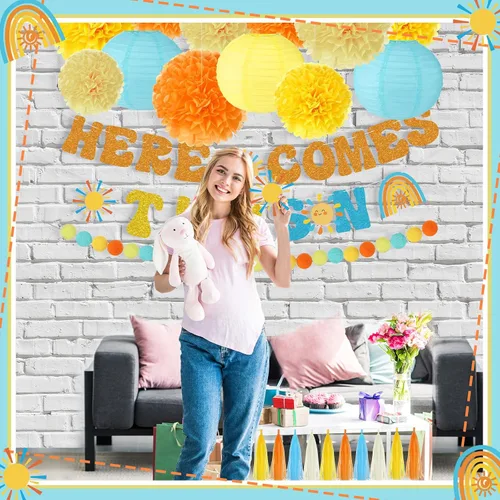 Miniatura 7 de TaoBary Banner de ducha con temática de «Here Comes The Sun» «Here Comes The Son» para baby shower, con pompones de seda, farol de papel, bohemio