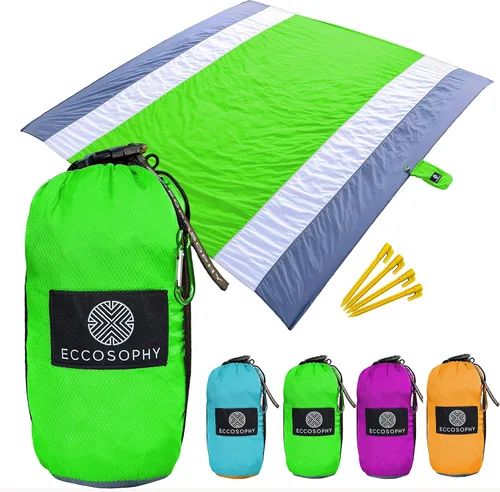 ECCOSOPHY Manta de playa a prueba de arena, alfombra de playa de gran tamaño sin arena, 9 x 10 pies, manta ligera de picnic al aire libre anclada