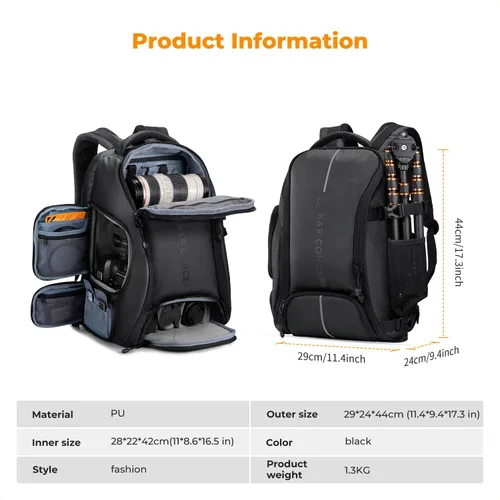 Miniatura 7 de K&F CONCEPT Mochila para cámara, bolsa de cámara de gran capacidad de 25 litros para fotógrafos con cubierta impermeable y compartimento para laptop