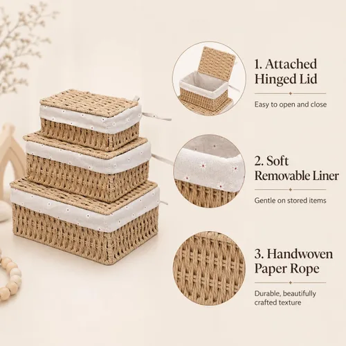 Miniatura 6 de Cestas de almacenamiento con tapas, juego de 3, cestas de mimbre tejidas anidables, cestas decorativas con tapa para estantes, dormitorio, baño