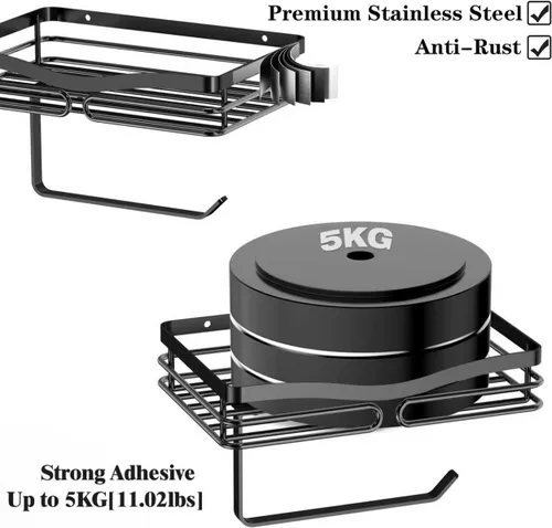 Miniatura 9 de Soporte de papel higiénico con estante de almacenamiento, metal negro, montaje sin taladros, se adapta a toallitas húmedas de tamaño Costco